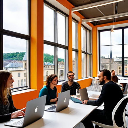 Home 15 **
A vibrant, modern co-working space in Luxembourg City, filled with diverse entrepreneurs collaborating on laptops. In the background, a large window overlooks a cityscape with a blend of modern and historic architecture. The atmosphere is energetic and collaborative, suggesting innovation and international connections.
**