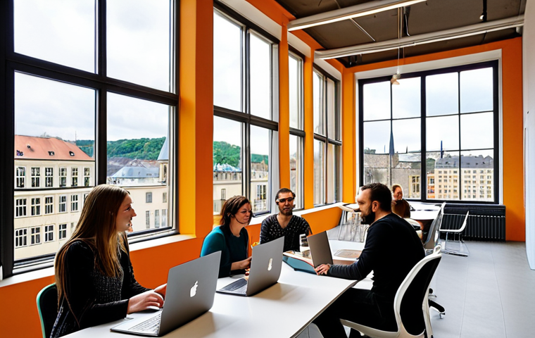 **
A vibrant, modern co-working space in Luxembourg City, filled with diverse entrepreneurs collaborating on laptops. In the background, a large window overlooks a cityscape with a blend of modern and historic architecture. The atmosphere is energetic and collaborative, suggesting innovation and international connections.
**
