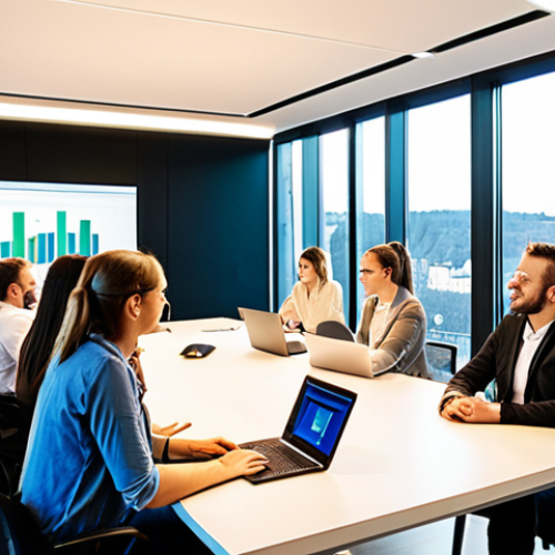 Home 14 **
`A brightly lit office space in Luxembourg. Modern design with large windows showcasing the city skyline. Diverse team collaborating on laptops and discussing ideas around a table. A graph on a nearby screen shows upward growth. Emphasis on innovation, collaboration, and Luxembourgish success. Soft, professional lighting. Clean, sharp focus.`
**