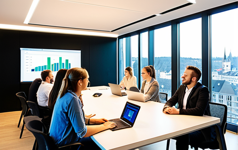 **
`A brightly lit office space in Luxembourg. Modern design with large windows showcasing the city skyline. Diverse team collaborating on laptops and discussing ideas around a table. A graph on a nearby screen shows upward growth. Emphasis on innovation, collaboration, and Luxembourgish success. Soft, professional lighting. Clean, sharp focus.`
**