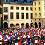 **Prompt 1:** A vibrant celebration on a public holiday in Luxembourg City. The scene depicts a diverse community of locals and expats enjoying festivities, with a clear juxtaposition of historic European architecture (e.g., old town buildings) and sleek, modern skyscrapers. Elements like subtle national flags, communal gatherings, and a joyful atmosphere are present, illustrating the unique blend of tradition and a global, modern identity. The lighting is warm and inviting, capturing a sense of deep cultural connection and collective well-being.