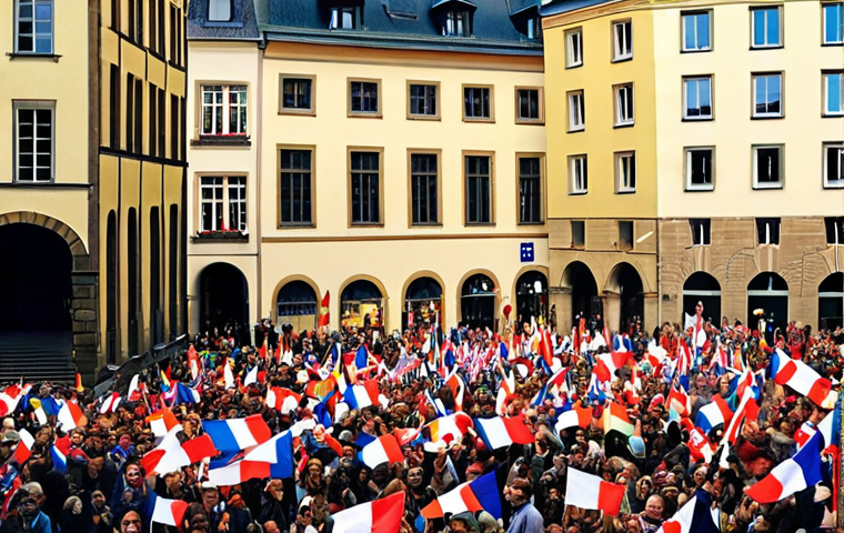 **Prompt 1:** A vibrant celebration on a public holiday in Luxembourg City. The scene depicts a diverse community of locals and expats enjoying festivities, with a clear juxtaposition of historic European architecture (e.g., old town buildings) and sleek, modern skyscrapers. Elements like subtle national flags, communal gatherings, and a joyful atmosphere are present, illustrating the unique blend of tradition and a global, modern identity. The lighting is warm and inviting, capturing a sense of deep cultural connection and collective well-being.