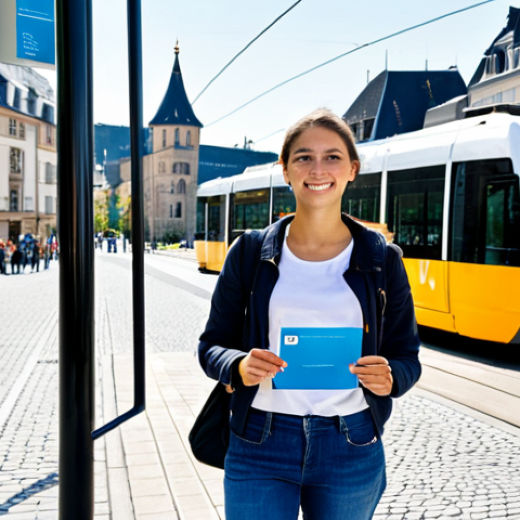 Exploring Luxembourg City with a Day Pass**

"A young woman with a backpack, fully clothed in casual attire (jeans, t-shirt, jacket), standing in front of a modern tram in Luxembourg City. She is holding a Luxembourg Day Pass. In the background, the cityscape is visible, showcasing both historic buildings and modern architecture. Bright daylight, clear sky. safe for work, appropriate content, professional, perfect anatomy, natural proportions, well-formed hands."

**
