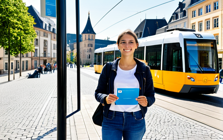 Exploring Luxembourg City with a Day Pass**

"A young woman with a backpack, fully clothed in casual attire (jeans, t-shirt, jacket), standing in front of a modern tram in Luxembourg City. She is holding a Luxembourg Day Pass. In the background, the cityscape is visible, showcasing both historic buildings and modern architecture. Bright daylight, clear sky. safe for work, appropriate content, professional, perfect anatomy, natural proportions, well-formed hands."

**