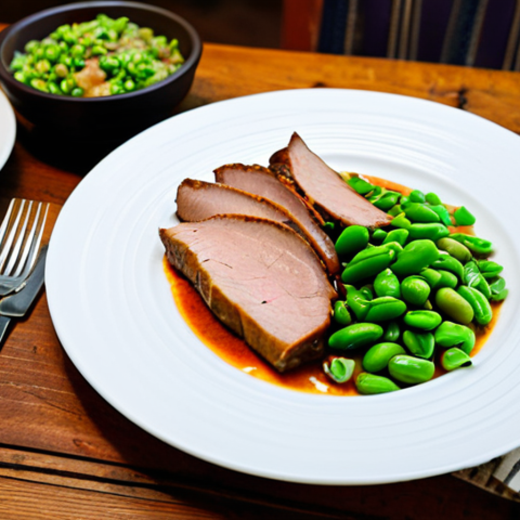 Judd mat Gaardebounen - A Rustic Feast**

"A hearty plate of Judd mat Gaardebounen, featuring smoked pork collar, broad beans, and potatoes, arranged on a rustic wooden table. The pork is tender and glistening, surrounded by the vibrant green of the broad beans. A sprig of fresh parsley garnishes the dish. In the background, a traditional Luxembourgish restaurant setting with exposed brick and warm lighting is slightly blurred. Focus on the textures and colors of the food. fully clothed, appropriate content, safe for work, professional food photography, perfect anatomy, natural proportions, high quality, family-friendly."

**