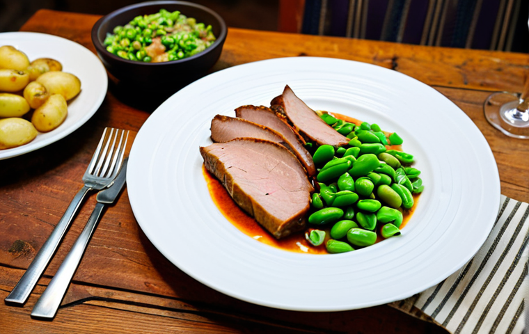 Judd mat Gaardebounen - A Rustic Feast**

"A hearty plate of Judd mat Gaardebounen, featuring smoked pork collar, broad beans, and potatoes, arranged on a rustic wooden table. The pork is tender and glistening, surrounded by the vibrant green of the broad beans. A sprig of fresh parsley garnishes the dish. In the background, a traditional Luxembourgish restaurant setting with exposed brick and warm lighting is slightly blurred. Focus on the textures and colors of the food. fully clothed, appropriate content, safe for work, professional food photography, perfect anatomy, natural proportions, high quality, family-friendly."

**