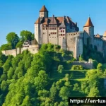 Home 21 룩셈부르크 건국 배경 - A detailed medieval fortress perched atop a rugged rocky hill at the crossroads of France, Germany, ...