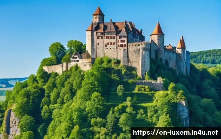 룩셈부르크 건국 배경 - A detailed medieval fortress perched atop a rugged rocky hill at the crossroads of France, Germany, ...