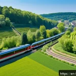 Home 20 룩셈부르크 철도 여행 - A picturesque Luxembourg countryside train scene during spring, showcasing a modern regional train g...