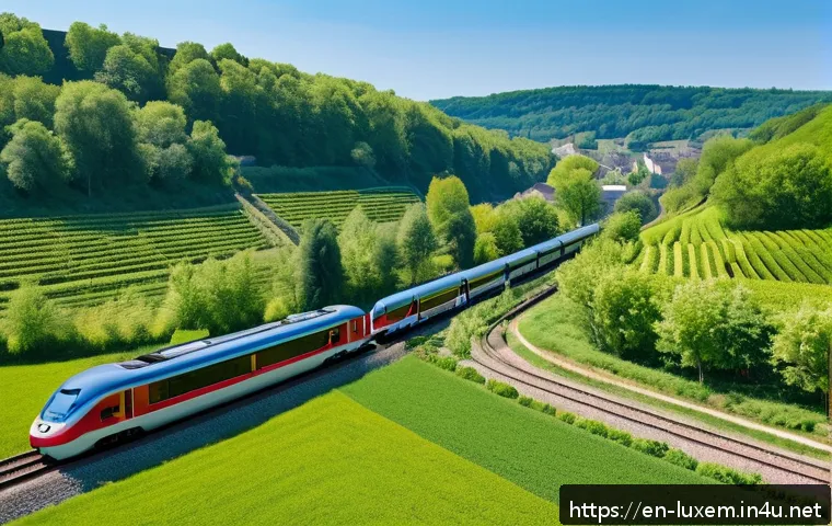 룩셈부르크 철도 여행 - A picturesque Luxembourg countryside train scene during spring, showcasing a modern regional train g...