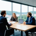 Home 18 룩셈부르크 이민 정보 - A professional office scene in Luxembourg City featuring a diverse group of expatriates and locals e...