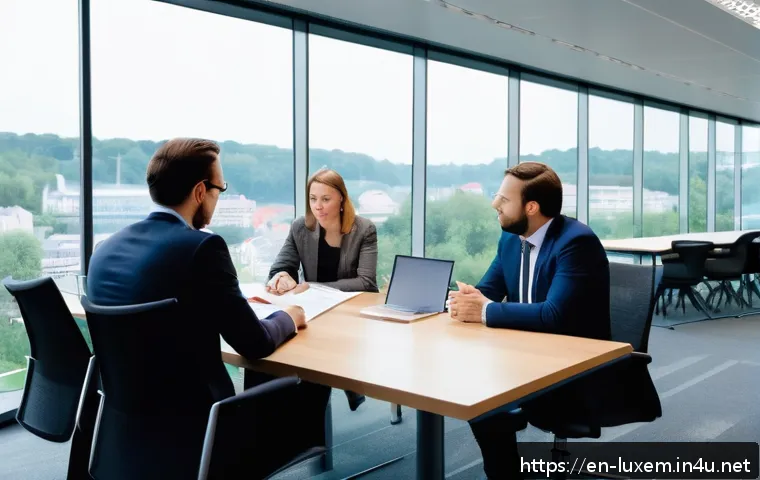 룩셈부르크 이민 정보 - A professional office scene in Luxembourg City featuring a diverse group of expatriates and locals e...