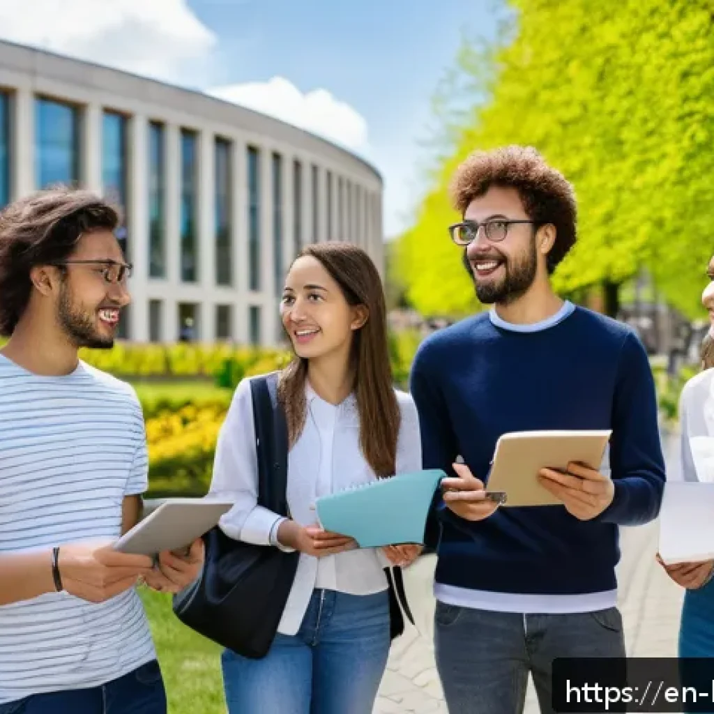 룩셈부르크 유학생 생활 - A vibrant university campus scene in Luxembourg during springtime, featuring diverse international s...