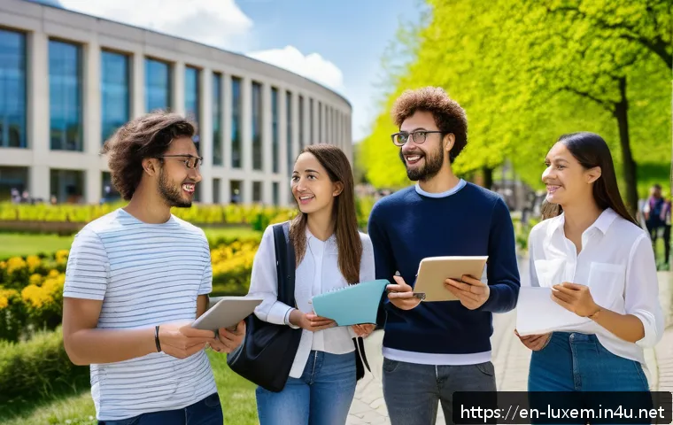 룩셈부르크 유학생 생활 - A vibrant university campus scene in Luxembourg during springtime, featuring diverse international s...