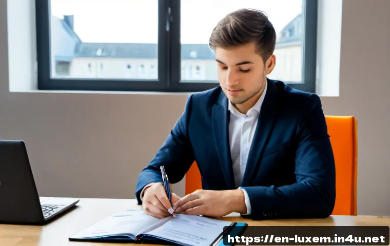 Home 17 룩셈부르크에서 일자리 구하기 - Photorealistic Luxembourg job-search scene, a well-dressed young professional seated at a bright mod...